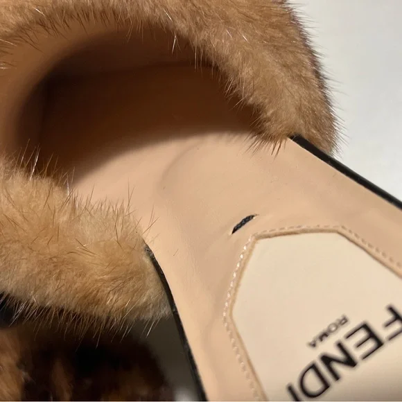 Fendi Black Leather Pointed Mules with Brown Logo Fur Band - Picture 9 of 11